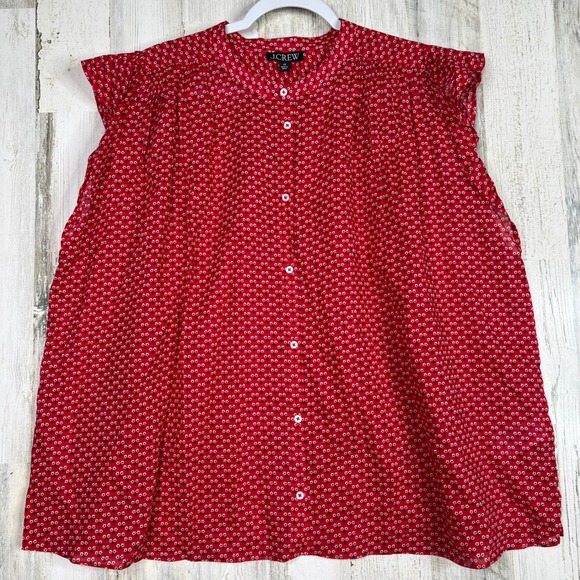 J.Crew Tops - J.Crew Womens 3X Red Floral Button Front Flutter Sleeve Cotton Voile Blouse Top